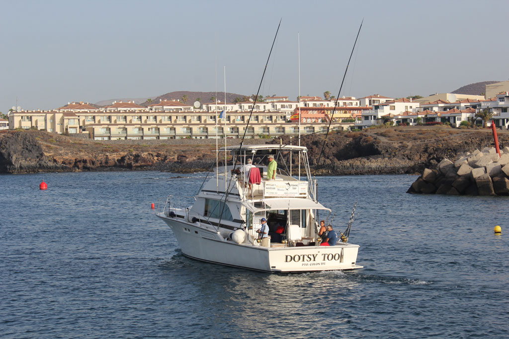 Dotsy Too-vissersboot die vaart langs de kust van Playa de las Americas, Tenerife.