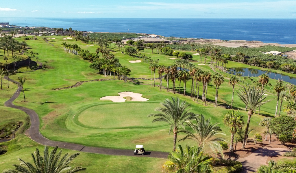 Golfbaan met palmbomen aan zee in Costa Adeje, Tenerife.