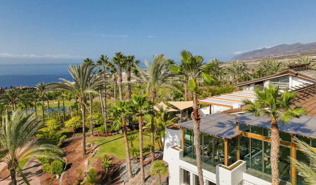 Faciliteiten omgeven door palmbomen met uitzicht op de oceaan op Tenerife.