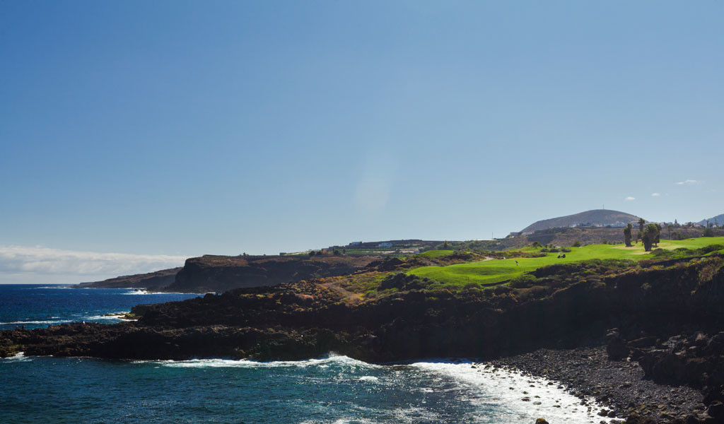 Rotsachtige kustlijn en groen landschap op Tenerife met uitzicht op zee onder een heldere lucht.