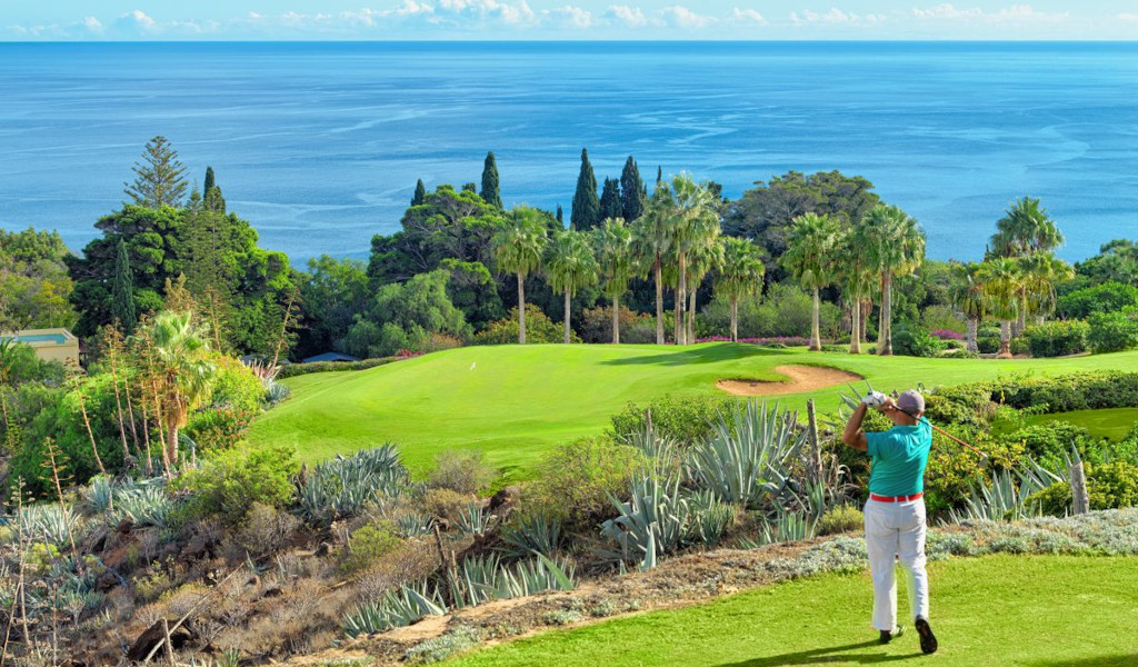 Golfspeler op een baan nabij de zee op Tenerife, omringd door groen en palmbomen.