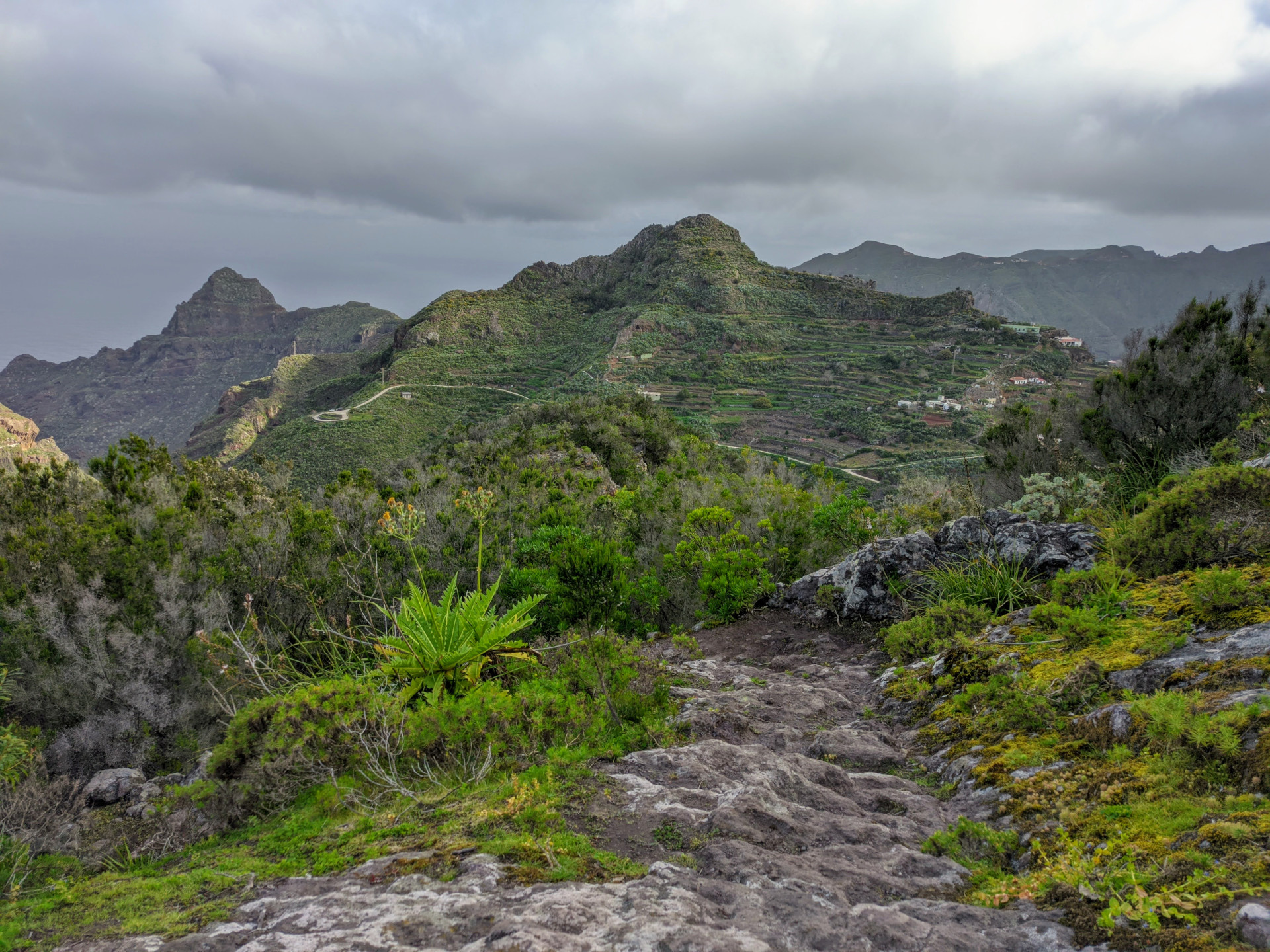 Bergachtig landschap in Teno, Tenerife, met rotsachtige paden en groene begroeiing.