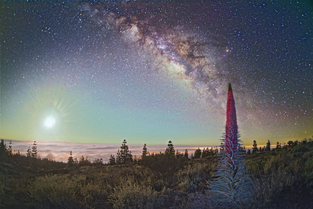 Sterrenhemel boven het landschap van de berg Teide op Tenerife.