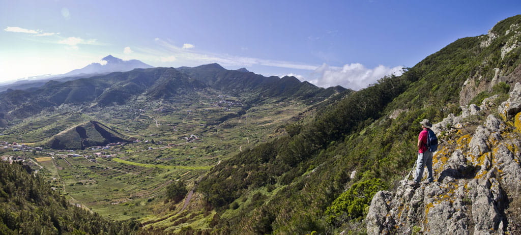 Persoon die een bergachtig dal op Tenerife observeert, panoramisch uitzicht op bergen en groene velden.