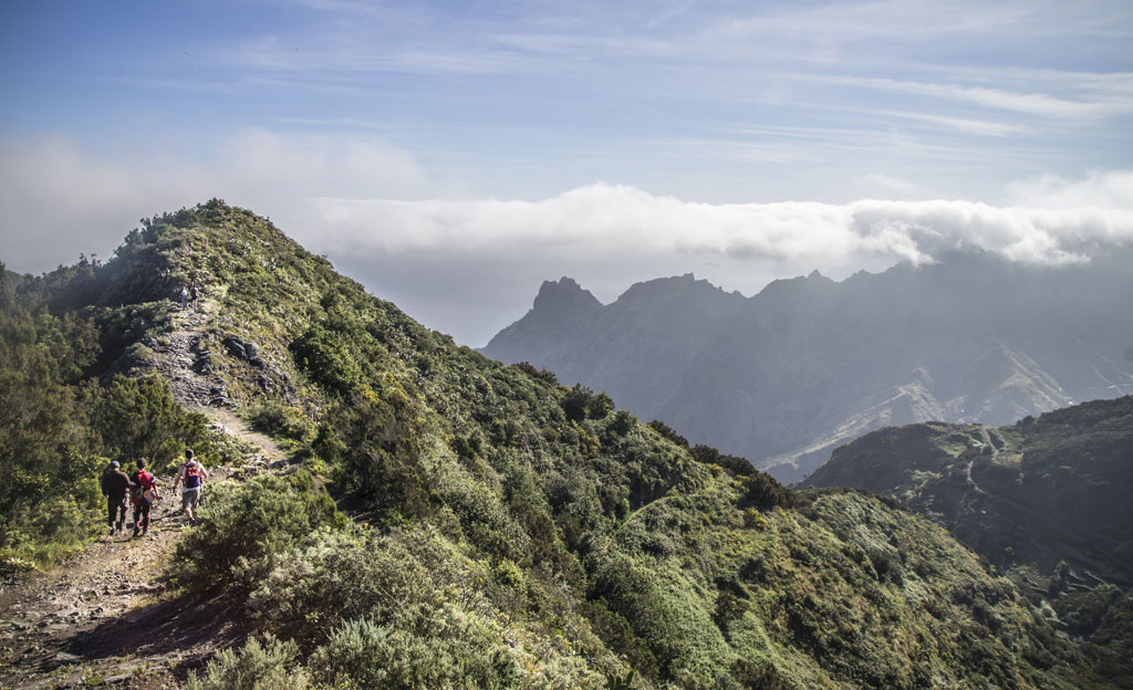 Bergachtig pad op Tenerife met wandelaars en wolken aan de horizon.
