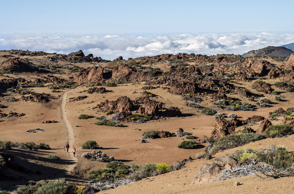 Pad met stenen en twee mensen die wandelen in het Nationaal Park Teide, Tenerife.