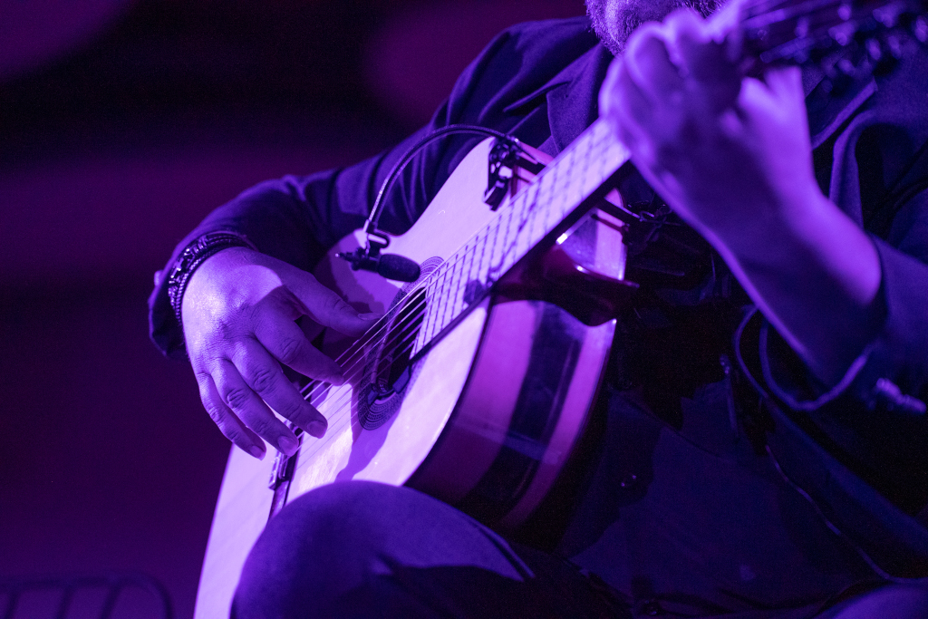 Muzikant die gitaar speelt tijdens een concert op Tenerife.