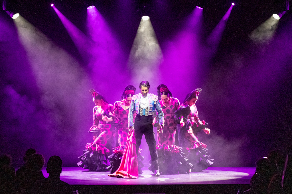 Groep flamencodansers op een verlicht podium op Tenerife.