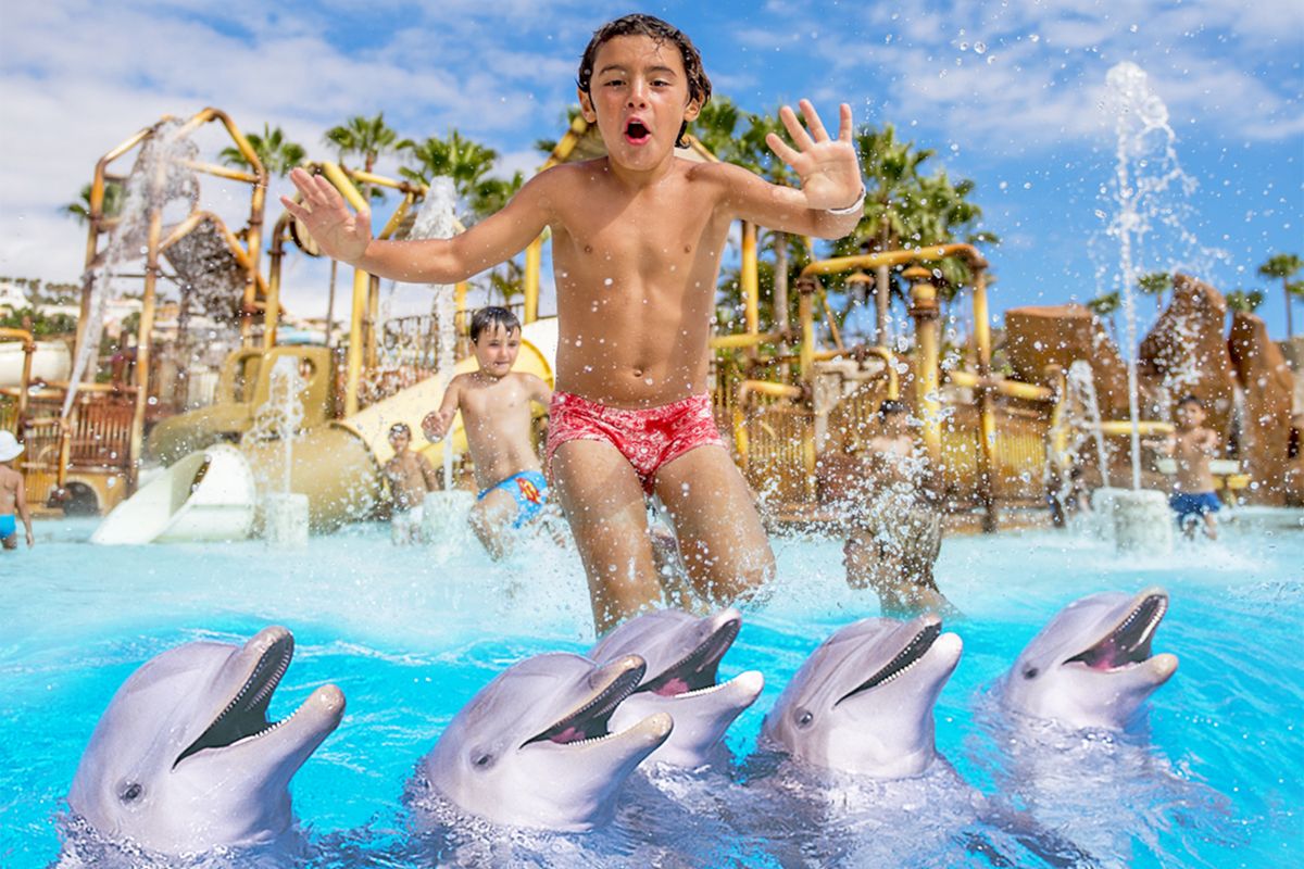 Kinderen die met dolfijnen spelen in een zwembad op Tenerife.