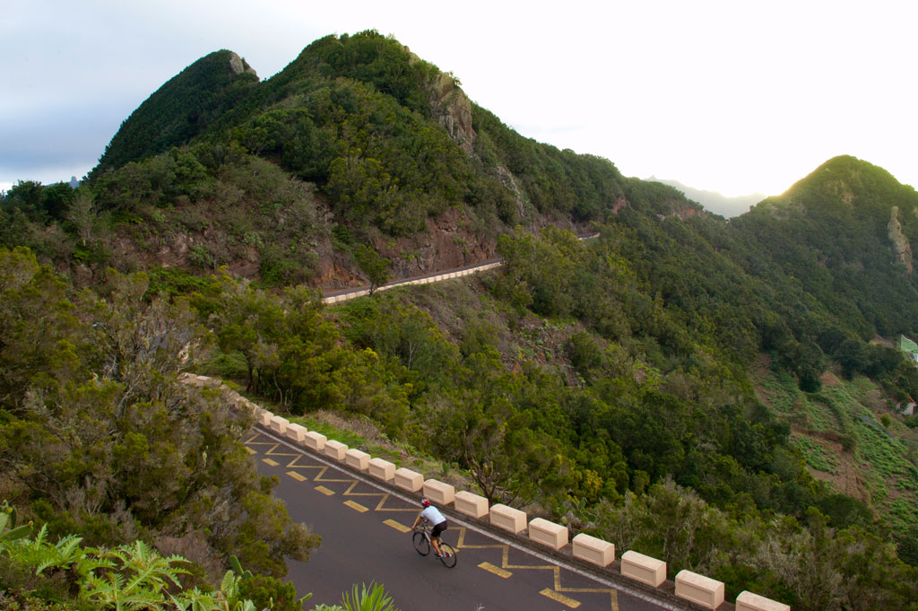 Fietser die de weg afgaat in het Anaga Rural Park, Tenerife.