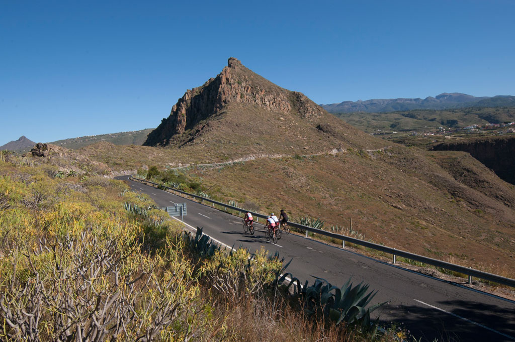Fietsers op een weg met bergachtig landschap op Tenerife.