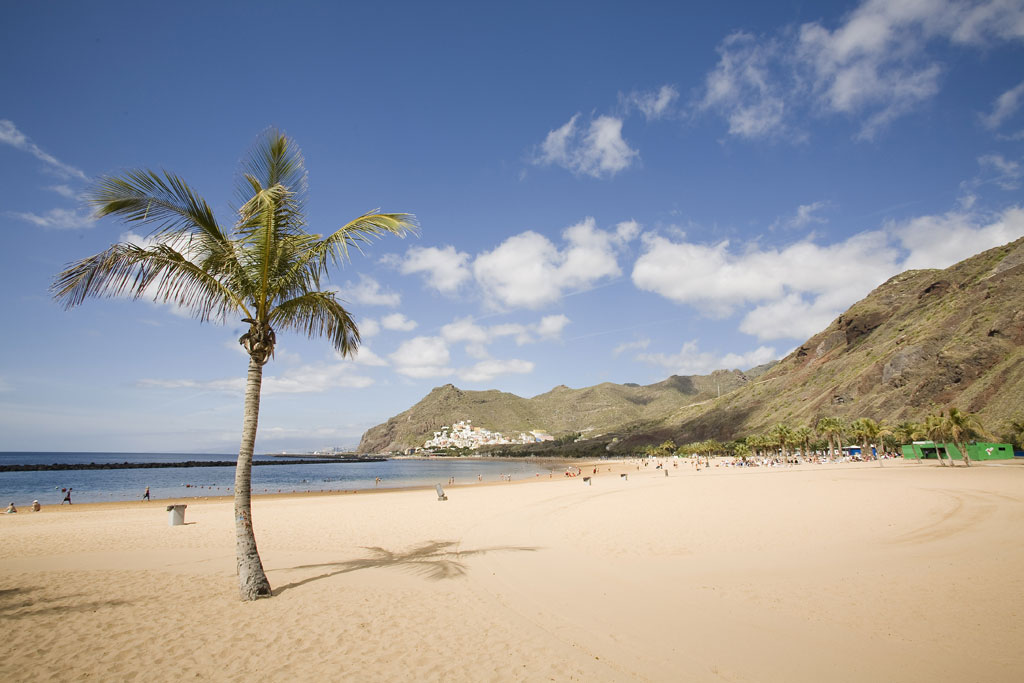 Playa de las Teresitas op Tenerife met palmbomen en heuvels op de achtergrond.