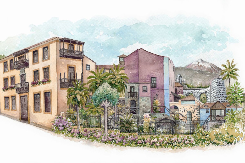 Illustratie van gebouwen en landschap op Tenerife met de berg Teide op de achtergrond.