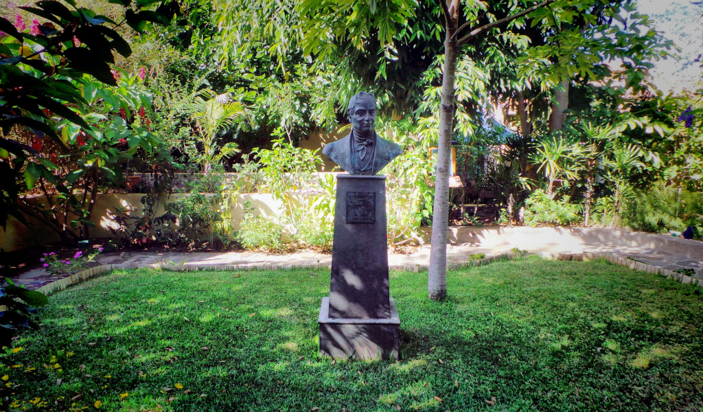 Bust in een tuin omringd door groen op Tenerife.