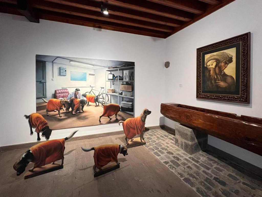 Honden in oranje kleren en schilderijen in een galerie in La Orotava.