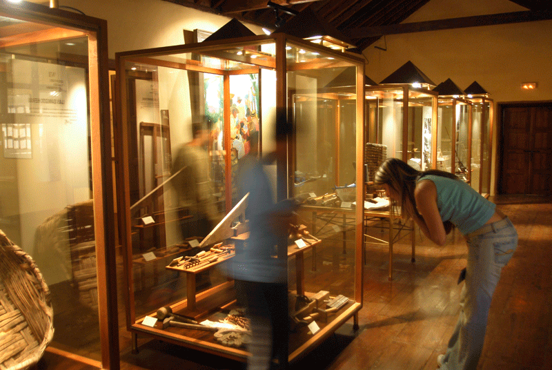 Tentoonstelling van objecten in vitrines in een museum op Tenerife met bezoekers die toekijken.