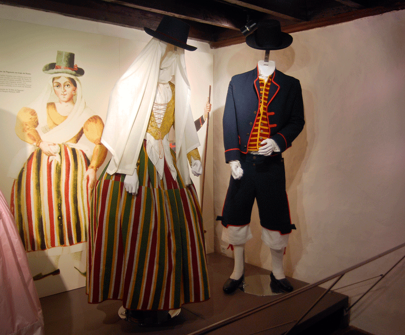 Typische kostuums van Tenerife te zien, met een achtergrond van historische illustraties.