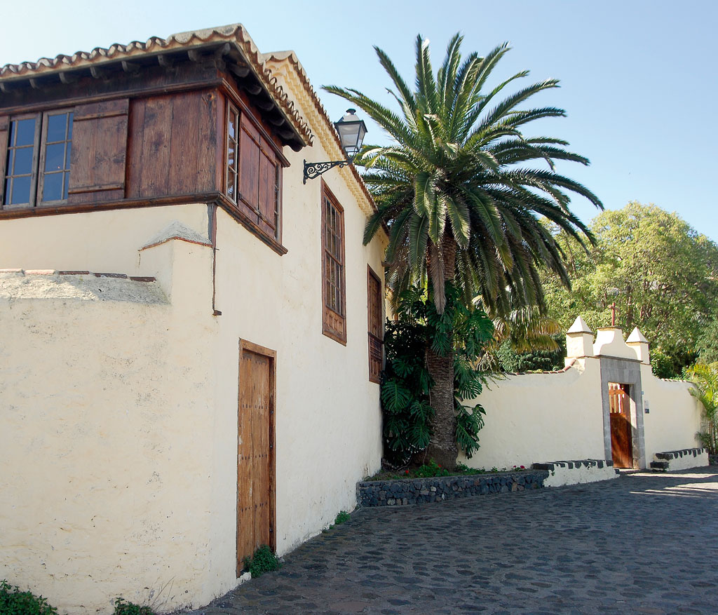 Traditioneel Canarisch huis met palmboom op Tenerife.