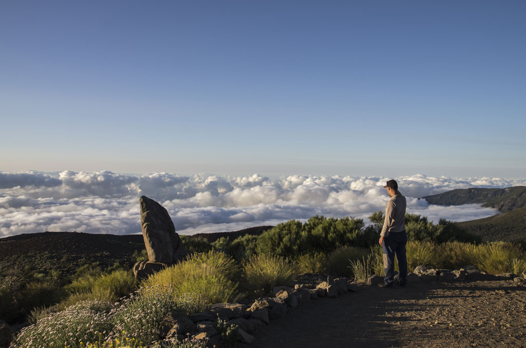 Persoon die het landschap bekijkt vanuit een uitkijkpunt in het Nationaal Park Teide, Tenerife.